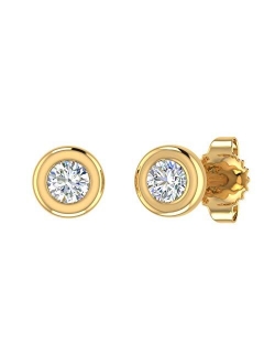 10K Gold Bezel Set Round Diamond Stud Earrings (1/10 Carat) (SI1-SI2 Clarity)