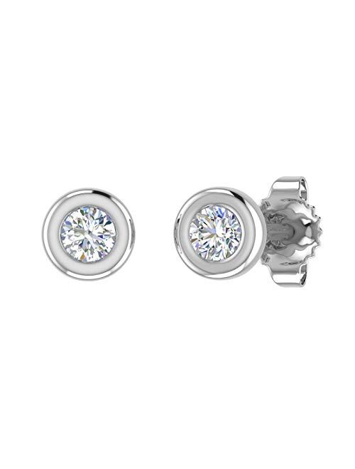 Finerock 10K Gold Bezel Set Round Diamond Stud Earrings (1/10 Carat) (SI1-SI2 Clarity)