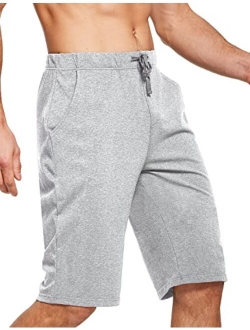 Men's Long Shorts Cotton Below Knee Yoga Workout Pajama Lounge Athletic Sweat Jersey Shorts with Pockets