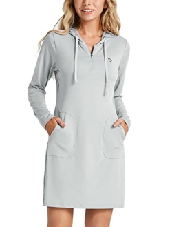 Women's Long Sleeve Zip Beach Coverup UPF 50  Sun Protection Hooded Cover Up Shirt Dress with Pockets