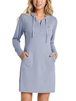 Women's Long Sleeve Zip Beach Coverup UPF 50  Sun Protection Hooded Cover Up Shirt Dress with Pockets