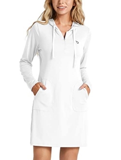 Women's Long Sleeve Zip Beach Coverup UPF 50  Sun Protection Hooded Cover Up Shirt Dress with Pockets