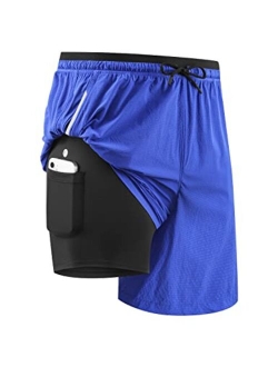 Men's 2 in 1 Athletic Running Shorts 5" Quick Dry Lined Workout Shorts with Zipper Pocket