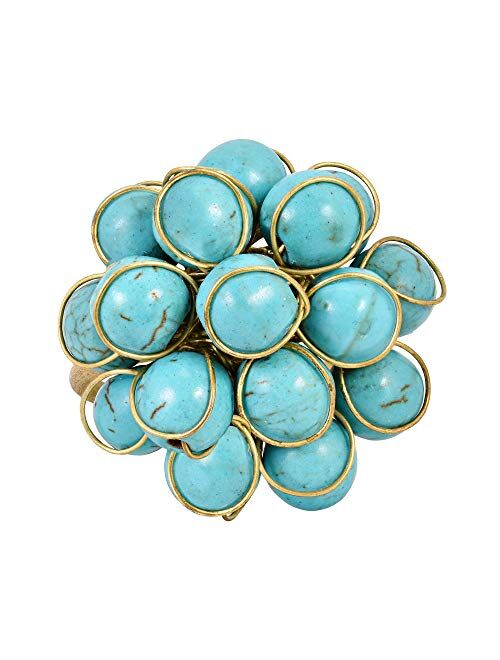 AeraVida Unique Handmade Front Cluster Simulated Turquoise Stone Organic Brass Ring