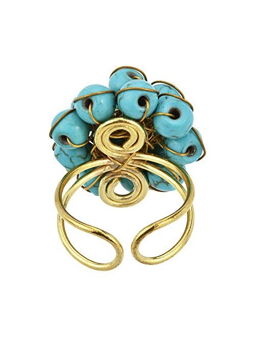 AeraVida Unique Handmade Front Cluster Simulated Turquoise Stone Organic Brass Ring