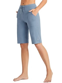 Women's 12" Long Bermuda Shorts Cotton High Waisted Walking Casual Yoga Pockets Drawstring