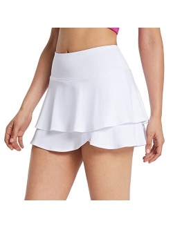 Women's Pleated Tennis Skirts Layered Ruffle Mini Skirts with Shorts for Running Workout