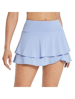Women's Pleated Tennis Skirts Layered Ruffle Mini Skirts with Shorts for Running Workout