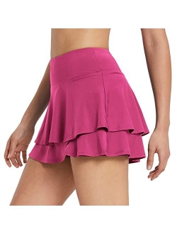 Women's Pleated Tennis Skirts Layered Ruffle Mini Skirts with Shorts for Running Workout