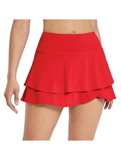 Women's Pleated Tennis Skirts Layered Ruffle Mini Skirts with Shorts for Running Workout