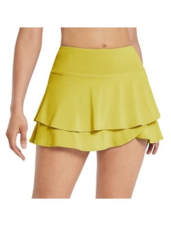 Women's Pleated Tennis Skirts Layered Ruffle Mini Skirts with Shorts for Running Workout