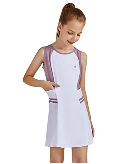 Youth Girls Tennis Dress Golf Sleeveless Outfit School Sports Dress with Shorts Pockets