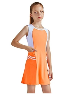 Youth Girls Tennis Dress Golf Sleeveless Outfit School Sports Dress with Shorts Pockets