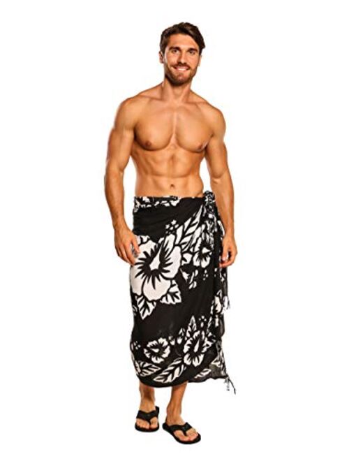 1 World Sarongs Mens Hibiscus Sarong in Black/White - 3 Rows