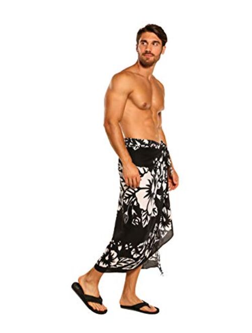 1 World Sarongs Mens Hibiscus Sarong in Black/White - 3 Rows