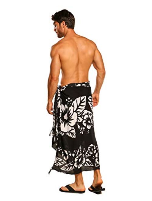 1 World Sarongs Mens Hibiscus Sarong in Black/White - 3 Rows