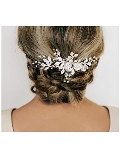 SWEETV Gold Wedding Clip Rhinestone Bridal Comb Barrette - Handmade Flower Clip Head Pieces for Women