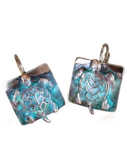 Elaine Coyne Collectible Artwear Sea Turtle Earrings - USA Made - Verdigris Patina Solid Brass