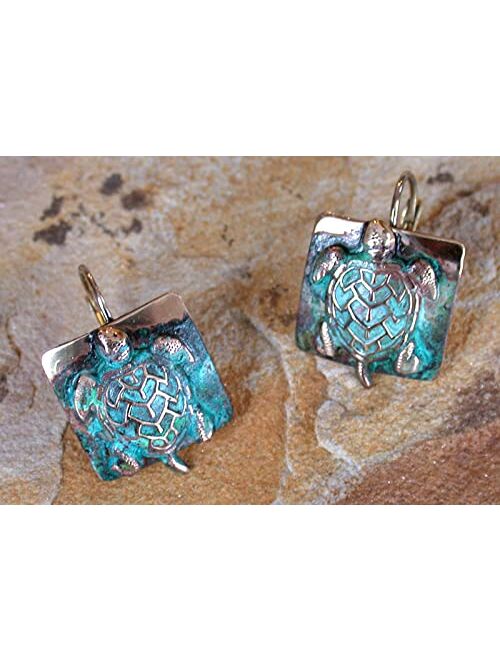 Elaine Coyne Collectible Artwear Sea Turtle Earrings - USA Made - Verdigris Patina Solid Brass