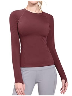 Women's Long Sleeve Workout Shirts Fitted Yoga Tops Running Athletic Underscrub with Thumb Holes