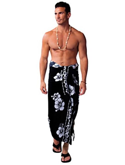 1 World Sarongs Mens Hibiscus Sarong in Black/White