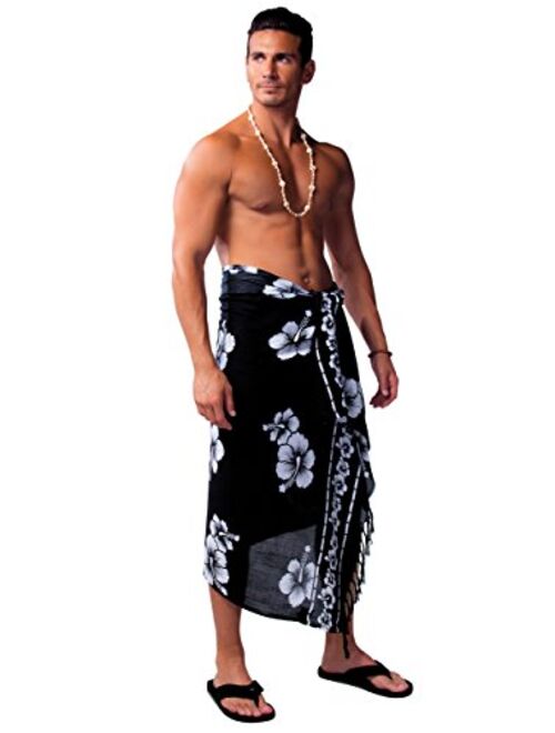 1 World Sarongs Mens Hibiscus Sarong in Black/White