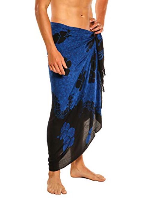 1 World Sarongs Mens Hibiscus Sarong in Blue/Black - Floral Split