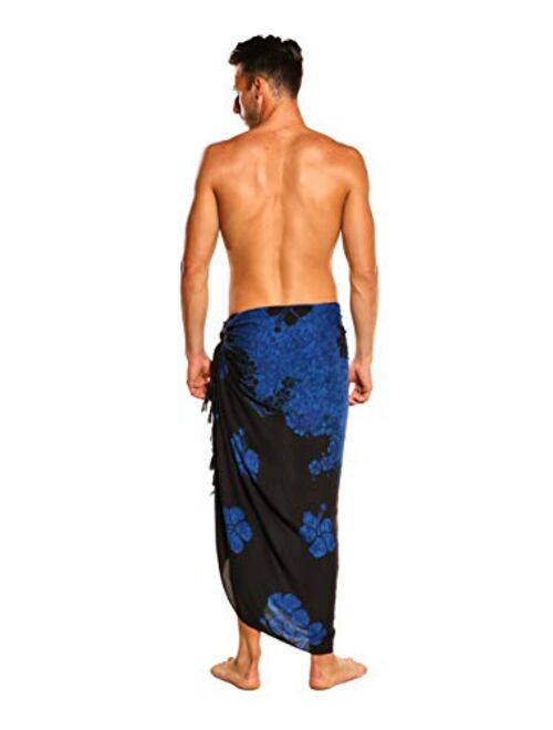 1 World Sarongs Mens Hibiscus Sarong in Blue/Black - Floral Split