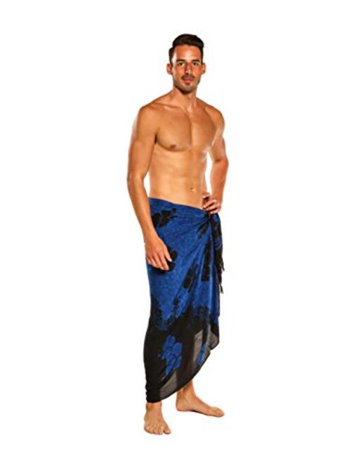 1 World Sarongs Mens Hibiscus Sarong in Blue/Black - Floral Split