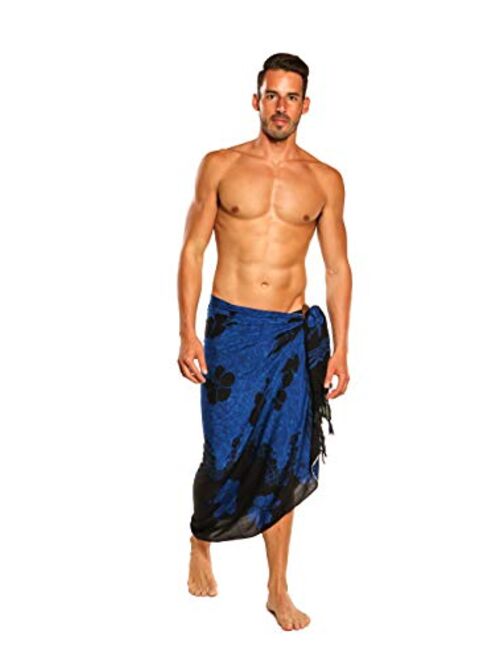 1 World Sarongs Mens Hibiscus Sarong in Blue/Black - Floral Split