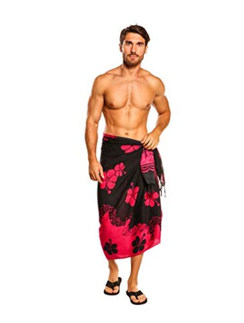 1 World Sarongs Sarong for Men Hibiscus Flower Cover-Up Sarong in Fuchsia and Black