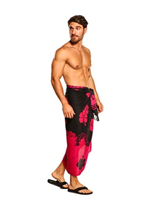 1 World Sarongs Sarong for Men Hibiscus Flower Cover-Up Sarong in Fuchsia and Black