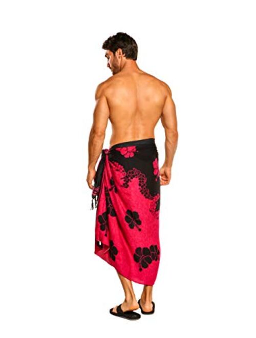 1 World Sarongs Sarong for Men Hibiscus Flower Cover-Up Sarong in Fuchsia and Black