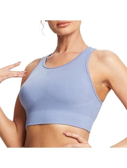 Women's Sports Bra High Neck Racerback Seamless Padded Workout Running Built in Bra Compression Crop Tops