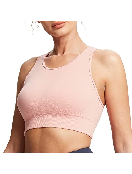 BALEAF Women's Sports Bra High Neck Racerback Seamless Padded Workout Running Built in Bra Compression Crop Tops