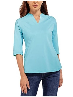 Women's Blouse V-Neck Tunic Nylon Dressy Tops 3/4 Sleeve Shirts Casual Regular Fit