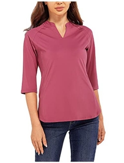 Women's Blouse V-Neck Tunic Nylon Dressy Tops 3/4 Sleeve Shirts Casual Regular Fit