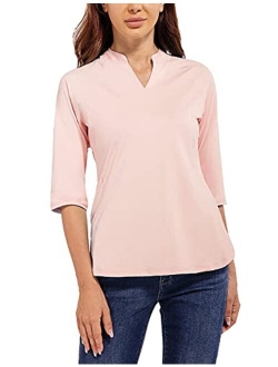 Women's Blouse V-Neck Tunic Nylon Dressy Tops 3/4 Sleeve Shirts Casual Regular Fit