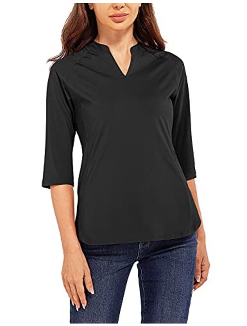 BALEAF Women's Blouse V-Neck Tunic Nylon Dressy Tops 3/4 Sleeve Shirts Casual Regular Fit