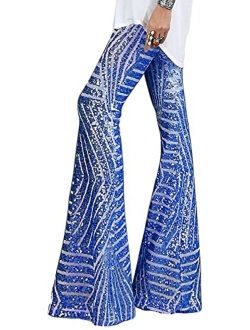 AZOKOE Women High Waist Wide Leg Palazzo Lounge Pants Sequin Bell Bottoms Trousers