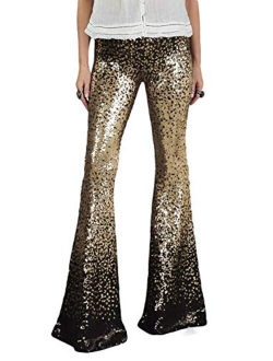 AZOKOE Women High Waist Wide Leg Palazzo Lounge Pants Sequin Bell Bottoms Trousers