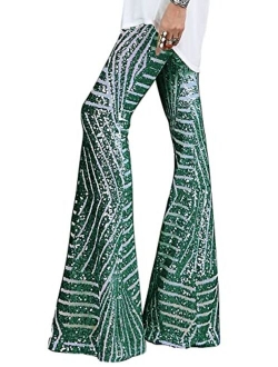 AZOKOE Women High Waist Wide Leg Palazzo Lounge Pants Sequin Bell Bottoms Trousers