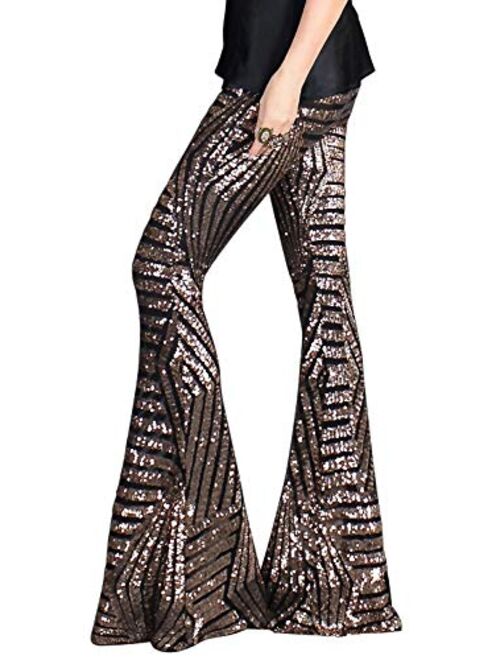 AZOKOE Women High Waist Wide Leg Palazzo Lounge Pants Sequin Bell Bottoms Trousers