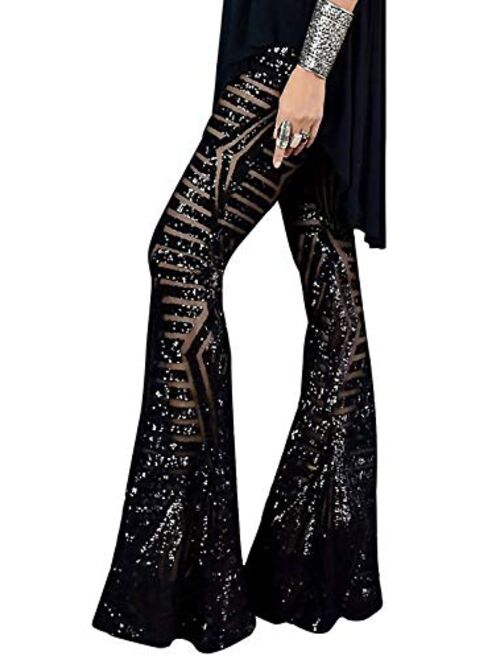 AZOKOE Women High Waist Wide Leg Palazzo Lounge Pants Sequin Bell Bottoms Trousers