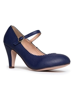 J. Adams Honey Heels for Women - Round Toe Scalloped Edge Retro Mary Jane Pumps