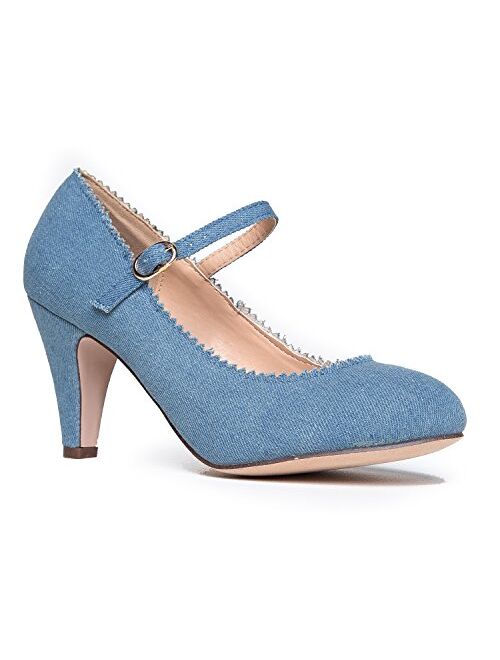 J. Adams Honey Heels for Women - Round Toe Scalloped Edge Retro Mary Jane Pumps