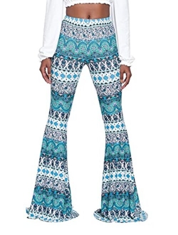 Pink Wind Women's Bell Bottom Pants High Waist Flare Boho Print Maxi Trousers