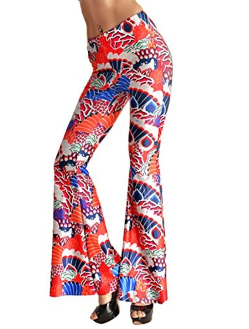 Pink Wind Women's Bell Bottom Pants High Waist Flare Boho Print Maxi Trousers