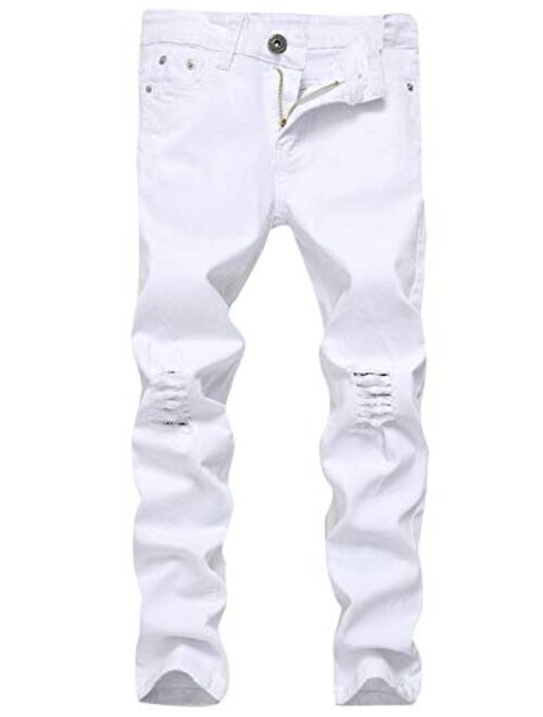 GUNLIRE Boy's Jeans Slim Straight Fit Elastic Waist Stretch Fashion Ripped Pants(5 6 7 8 10 12 14 16)