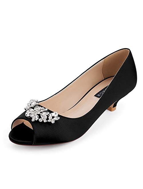 Buy Erijunor Women Comfort Low Kitten Heels Rhinestones Peep Toe Wedding Evening Party Shoes 0599